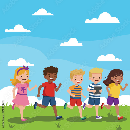 Group of Happy Running Children Playing Outdoors on Green Grass Under Blue Sky with White Clouds Vector Illustration 