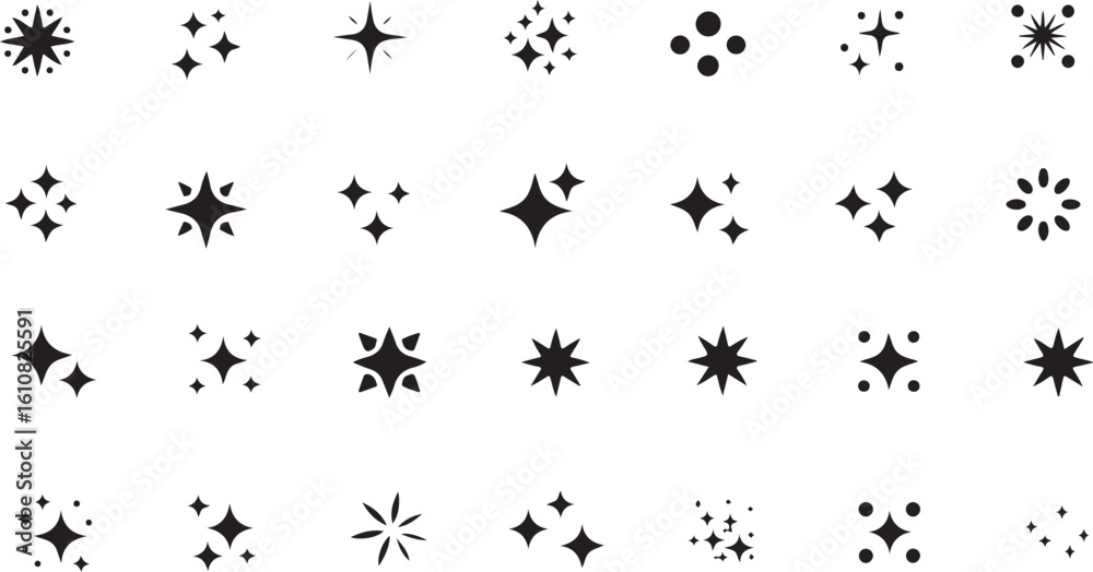 Naklejka premium A Variety of Sparkle and Star Shapes Black and White Vector Art Designs Shining Radiance Twinkling Light