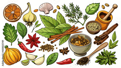 very Beautiful various herbs and spices white background 