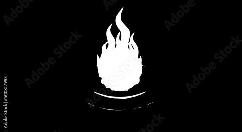 A stylized white flame burns brightly against a stark black background.