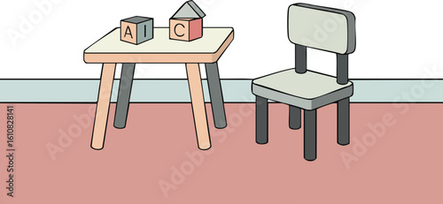 Children playroom scene with small table chair and alphabet blocks in simple style