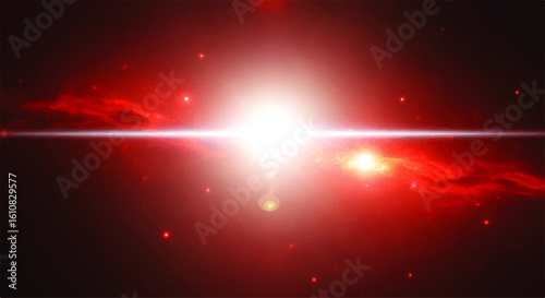 A vibrant red nebula with a bright central star, illuminated by a cosmic lens flare.