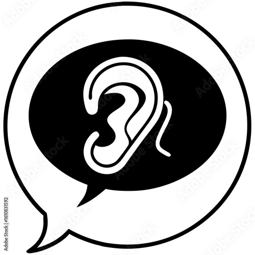 Speech bubble with ear icon in black and white design  