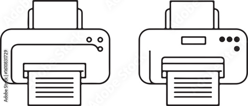 Two Printer Illustrations Depicting Office Equipment for Document Printing with Different Button and Display Configurations in Black and White