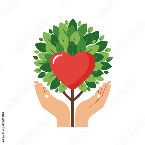 A vibrant illustration depicts a tree with a heart-shaped crown, held gently by hands, symbolizing love, care, and the importance of nature's well-being.