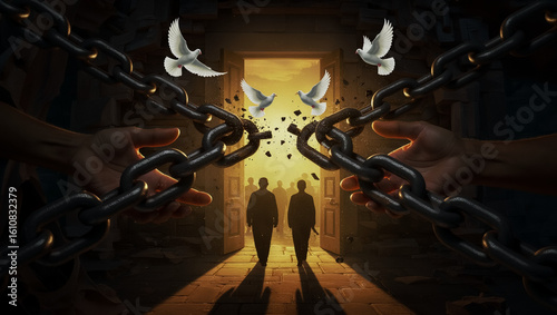 Breaking Chains of Oppression: Heavy Links Transform to Doves as Silhouetted Figures Walk Toward Lighted Doorway with Helping Hands - Symbolic Liberation Scene