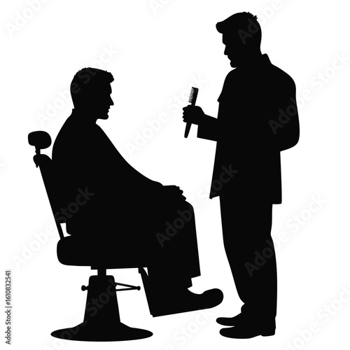 Barber cutting hair with comb silhouette client