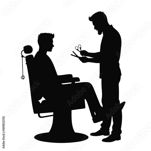 Barber cutting client hair with scissors and comb haircut