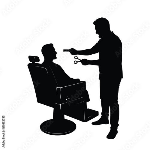 Barber cutting hair with scissors and comb haircut client