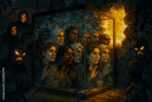 Systemic Confinement: Diverse Group Trapped in Glass Box as Shadowy Capitalist Figures Loom - Single Crack of Liberating Light in Surreal Social Commentary