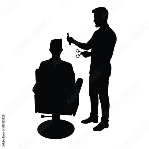 Barber cutting hair with scissors and comb haircut client