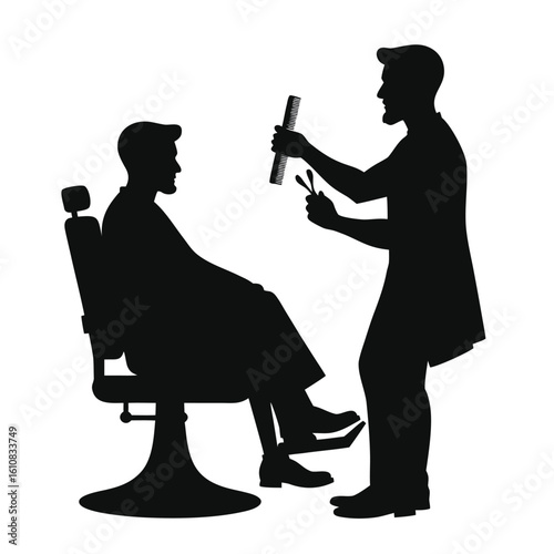 Barber cutting hair with scissors and comb haircut client