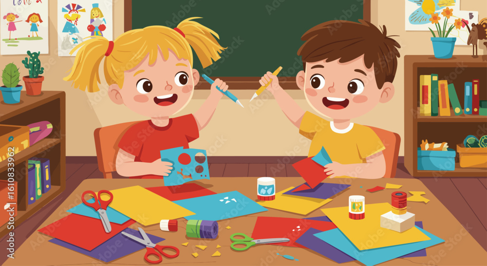 Fototapeta premium Little girl and boy making crafts with scissors, glue, and colorful paper at a table, cheerful classroom setting