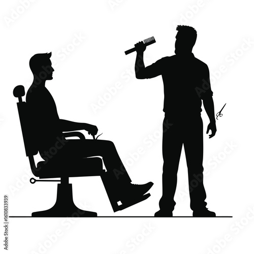 Barber cutting hair with scissors and comb haircut client