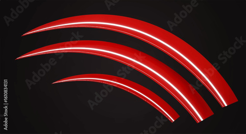 Three vibrant red curved objects, possibly artificial nails or similar items, arranged in descending size against a black background.