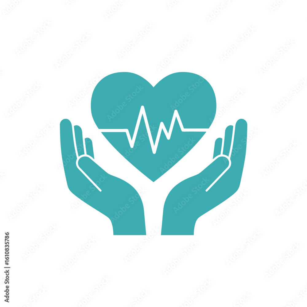 Obraz premium A vibrant teal icon depicts caring hands cradling a heart with an electrocardiogram line, symbolizing health, medical care, and well-being.