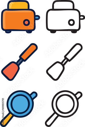 A collection of kitchen utensil icons featuring a toaster, spatula, and frying pan, shown in both colorful and simple outline styles.