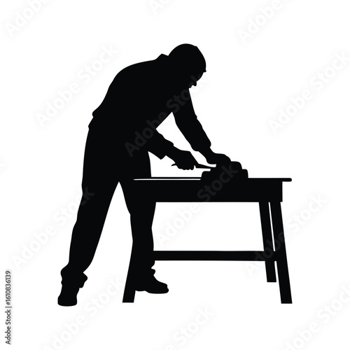 Silhouette of a woodworker using a plane on a workbench, isolated image