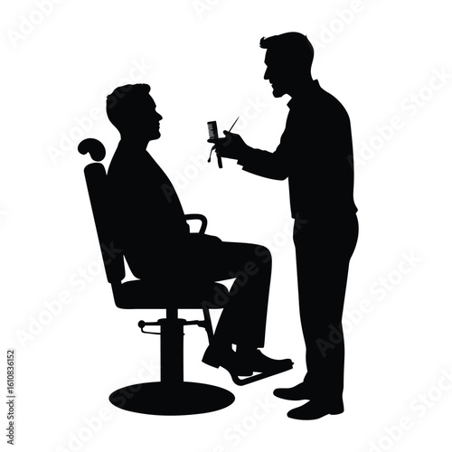 Barber cutting hair with scissors and comb haircut client