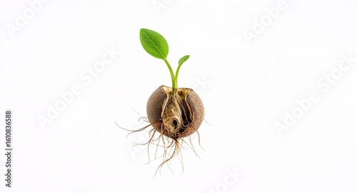 A sprouting seed with green leaves and roots against a plain white studio background showing growth