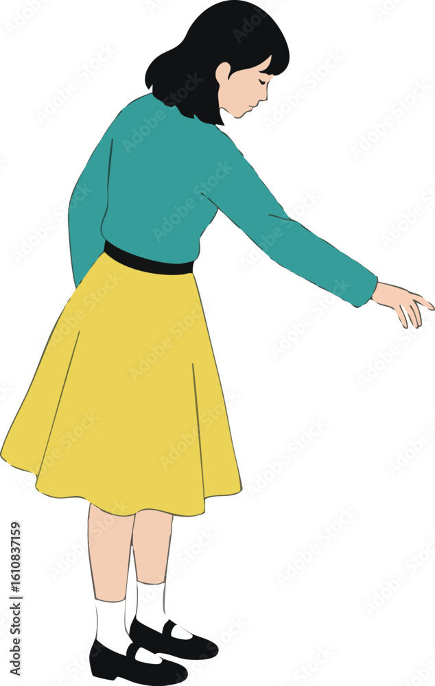 Woman in teal sweater and yellow skirt pointing down in vector illustration with simple style and calm pose Woman in teal sweater and yellow skirt pointing down in vector illustration with simple style and calm pose