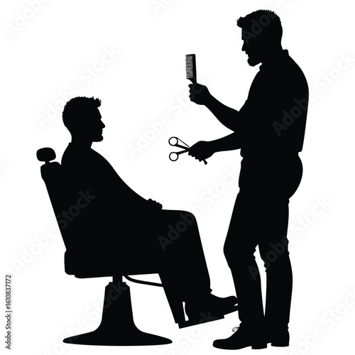 Barber cutting hair with scissors and comb haircut client
