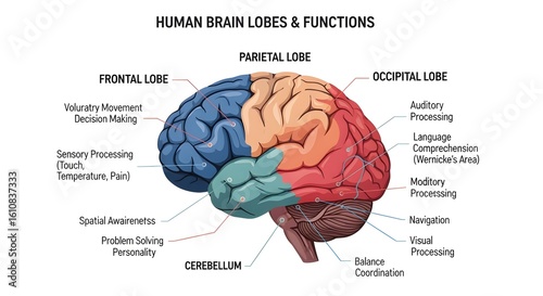 Human Brain Lobes and Functions Educational Diagram with Color Coded Sections