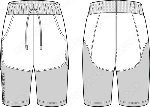 CAD drawing flat vector illustration of athletic shorts, front and back views, drawstring waist, contrast panels, side pockets, garment layout, fashion design sketch template