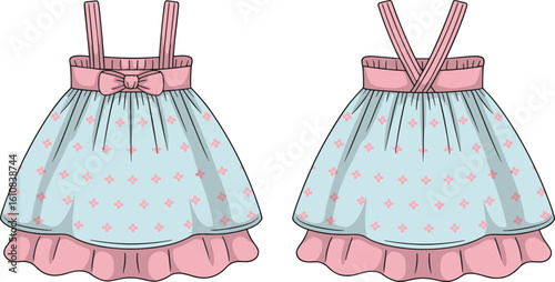 CAD drawing flat vector illustration of baby dress with pink bow, floral pattern, layered hemline, sleeveless style, front and back view, infant clothing design template