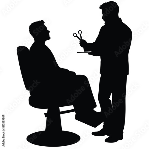 Barber cutting hair with scissors haircut client