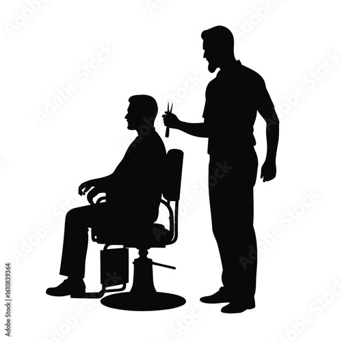 Barber cutting hair with scissors haircut client