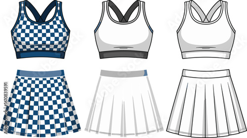 CAD drawing flat vector illustration of athletic wear sets, sports bras, pleated skirts, front and back views, fitness design layout, cheer outfit, stylish activewear, garment sketch