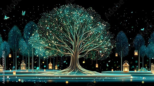 Magical Tree of Life with Glowing Lanterns and Butterflies in Enchanted Night Garden