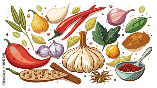 very Beautiful garlic and spices white background 