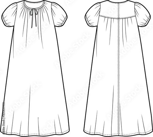 CAD drawing flat vector illustration of baby nightgown dress with puff sleeves, front and back view, technical fashion sketch, sewing pattern template
