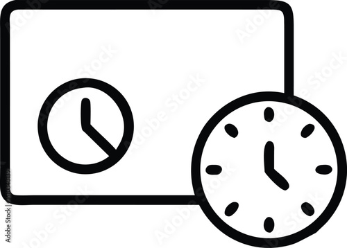 Single icon vector art of a computer screen icon with a clock symbol, representing time on a digital display or schedule, isolated on white isolated on transparent background