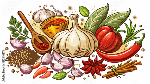 very Beautiful garlic and spices white background 
