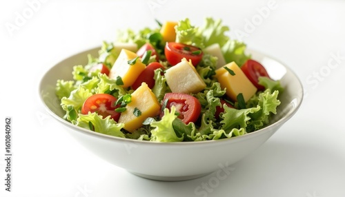 Fresh Salad Bowl: Vibrant Lettuce, Cherry Tomatoes, and Cheese Cubes on White Background