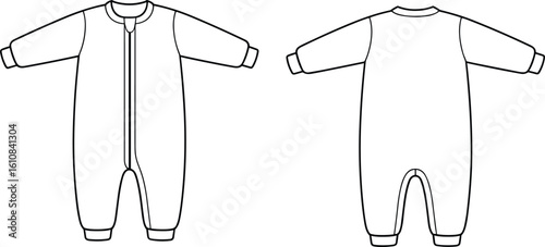 CAD drawing flat vector illustration of baby onesie design, front zipper closure detail, classic silhouette sketch, garment layout, infant clothing template, fashion illustration for baby wear