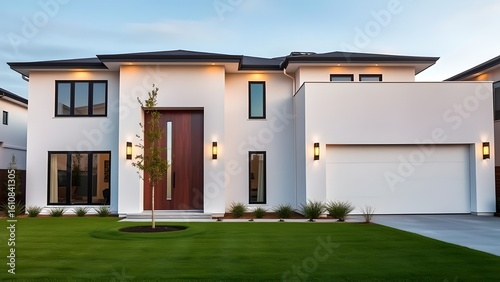 Modern white house with a striking wooden door and garage
