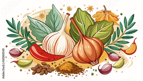 very Beautiful garlic and spices white background 
