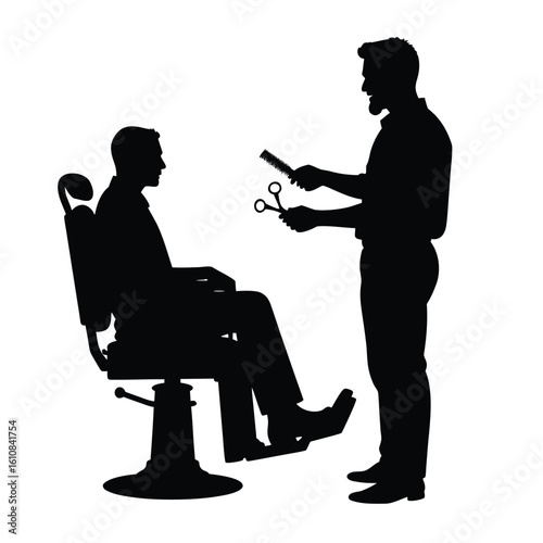 Barber with scissors and comb serving seated client sitting chair