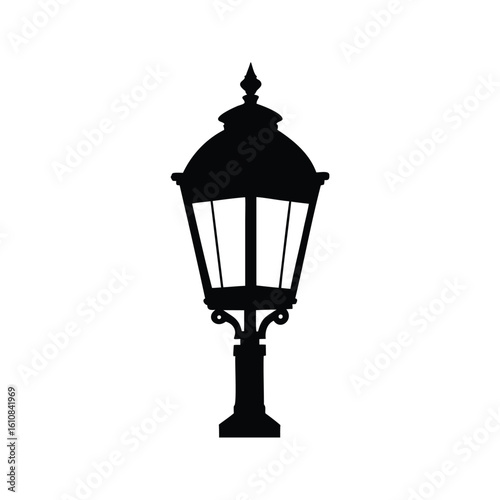 Silhouette of an ornate vintage street lamp or lantern on a white background