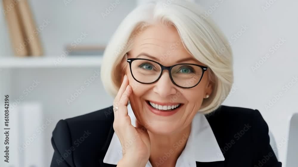 Mature Woman Smiling Happily In Black Suit At Office Desk With Glasses and White Background Mature Woman Smiling Happily In Black Suit At Office Desk With Glasses and White Background