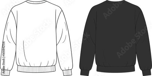 Cad drawing flat vector illustration of basic crewneck sweatshirt in white and black colors, back view, casual unisex winter fashion template