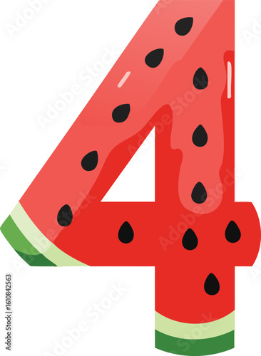 Number 4 designed with watermelon pattern and seeds in red green colors fresh summer style vector illustration 