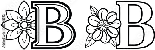 B letter Floral Alphabet Hand-drawn outline Illustration.