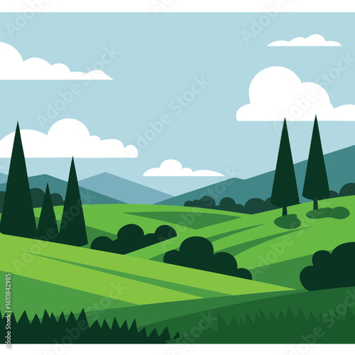 Rolling green hills landscape with tall cypress trees and blue sky clouds vector illustration in nature scenery 