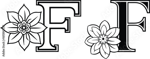 F letter Floral Alphabet Hand-drawn outline Illustration.