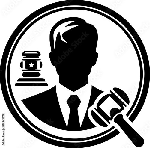 Minimalist black and white judge icon with gavel, clean lines and modern style, ideal for legal stickers, logos, or digital designs.